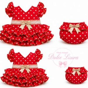 Vestido de flamenca rojo y lunares blancos detalles en camel con braguita a juego desde 3 meses hasta 18 meses